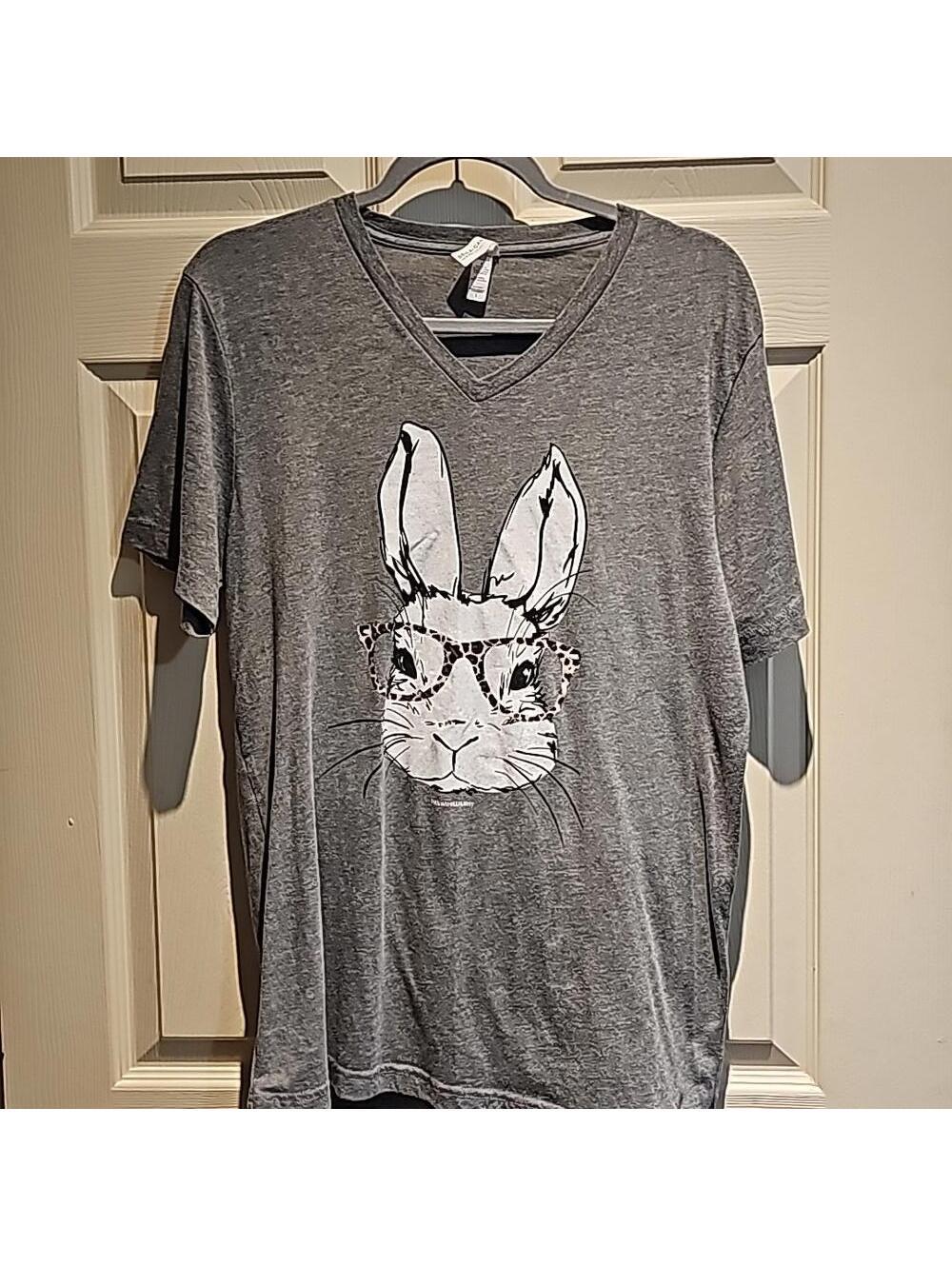 Easter rabbit with cheetah glasses short sleeve size L.  Bella canvas. Boutique